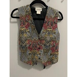 90s Nouveau Monde Vest Petite Tapestry Print Sleeveless Button Up Vest PS